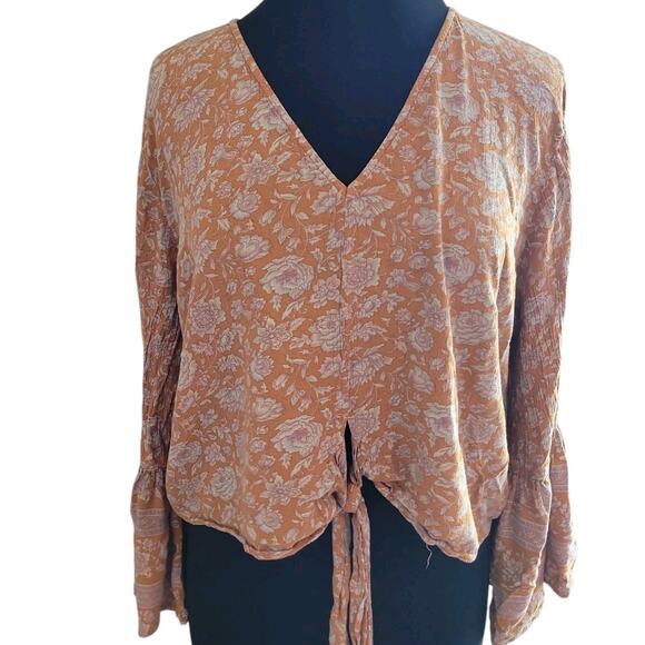 American Eagle Boho Bell Sleeve Floral Tie-Front Blouse XXL – 70s Festival Top - Picture 2 of 10